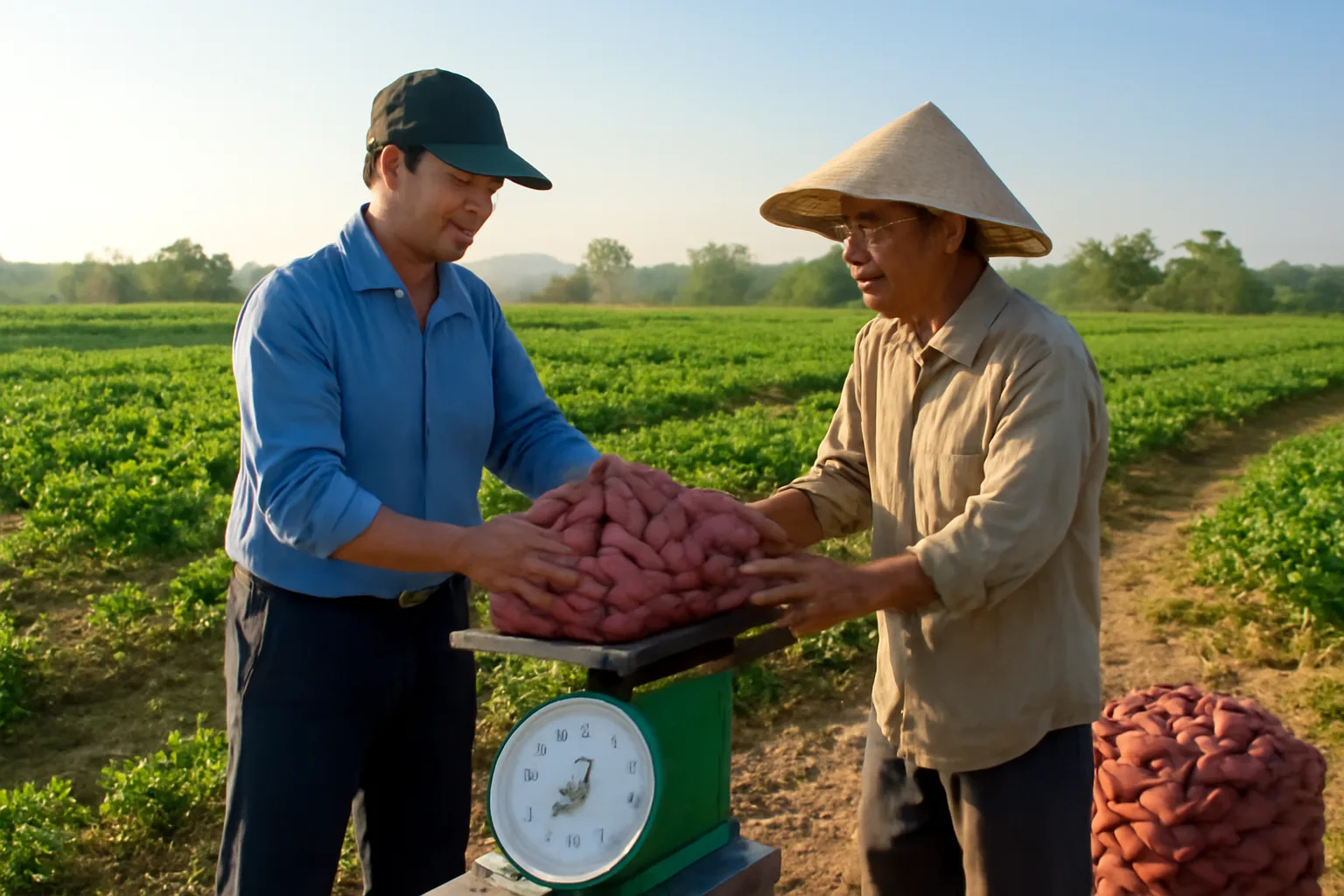 Nhân viên thu mua cân bao nông sản cùng nông dân bên thửa ruộng