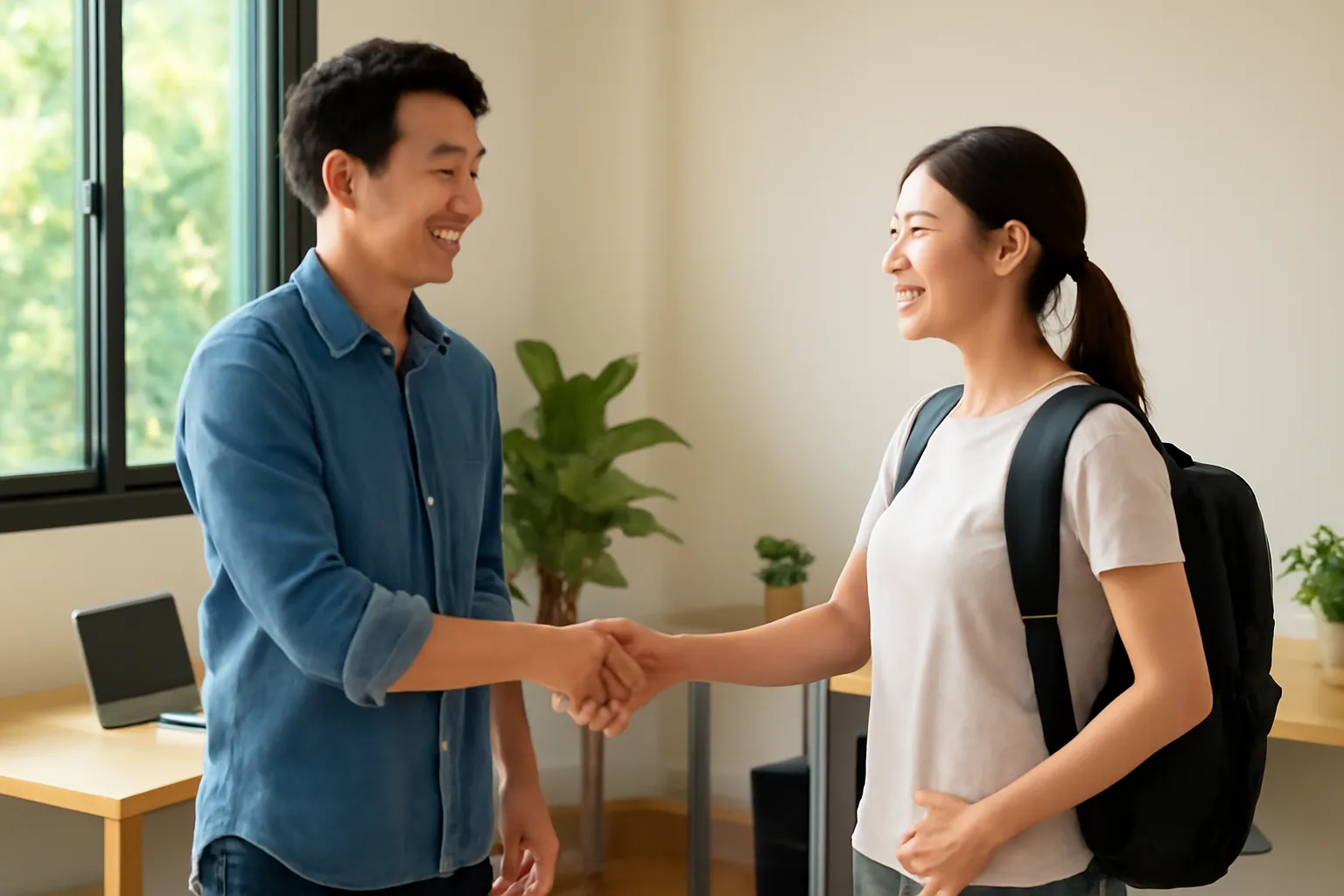 Chủ doanh nghiệp trẻ bắt tay chào đón nhân viên đầu tiên trong văn phòng nhỏ